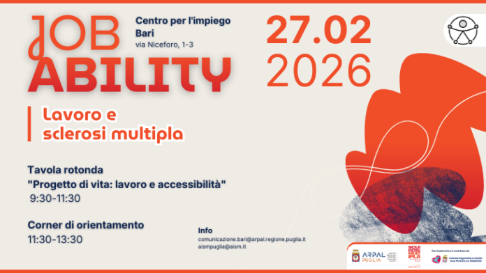 Locandina dell'iniziativa Job Ability che si terrà presso il Centro per l'Impiego di Bari il prossimo 27 febbraio, si affronterà il tema del lavoro correlato alla disabilità